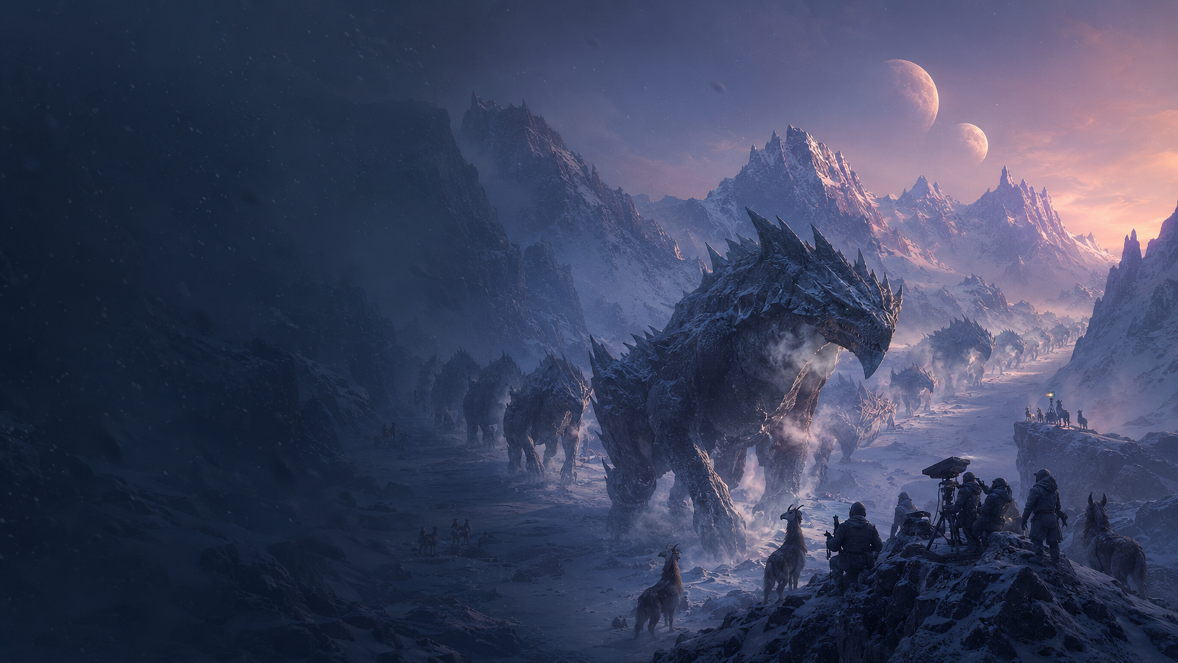 Nova Creatura frozen expedition landscape with a massive crystalline creature