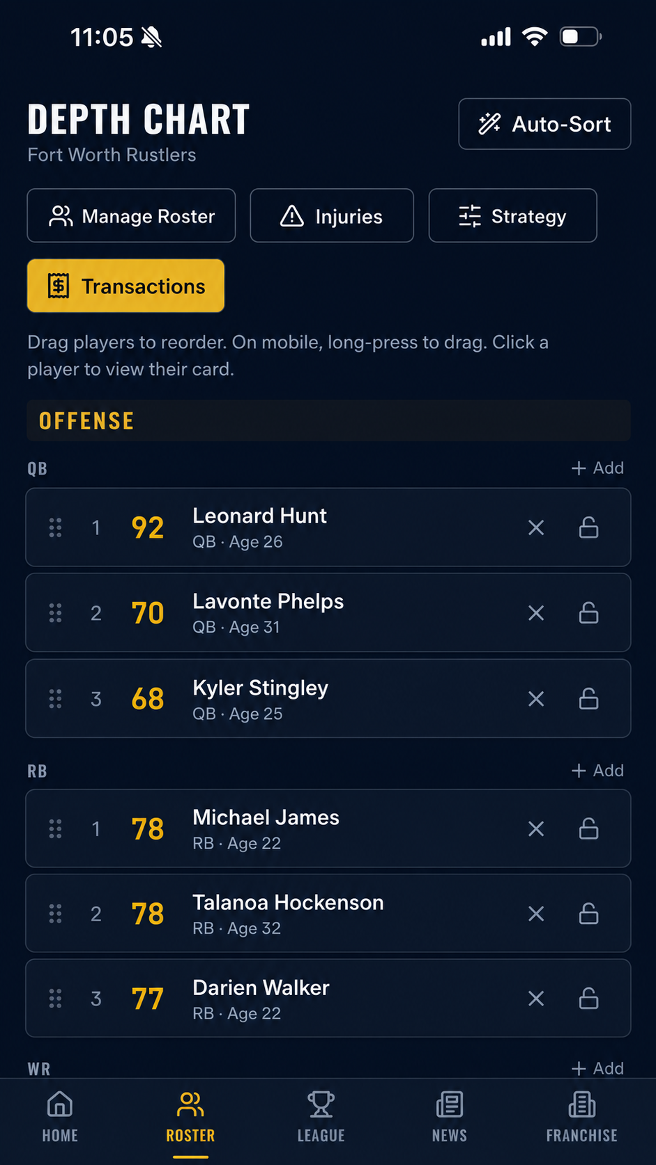Sideline Savant roster and lineup screen