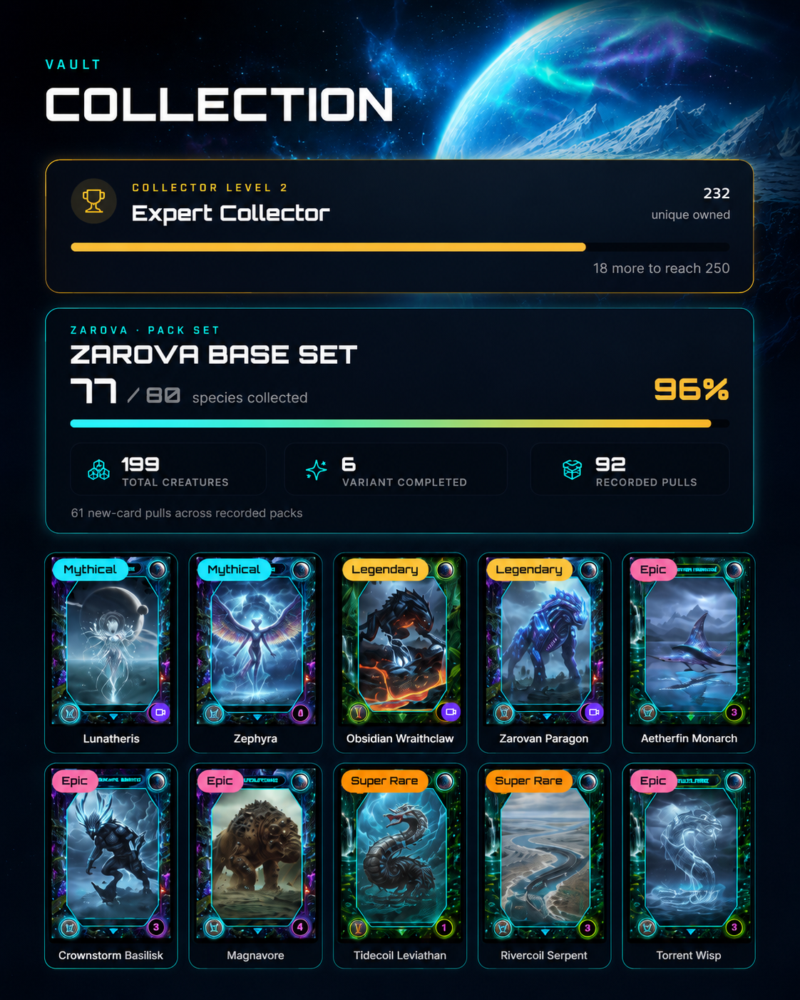 Nova Creatura collection interface showing discovered species