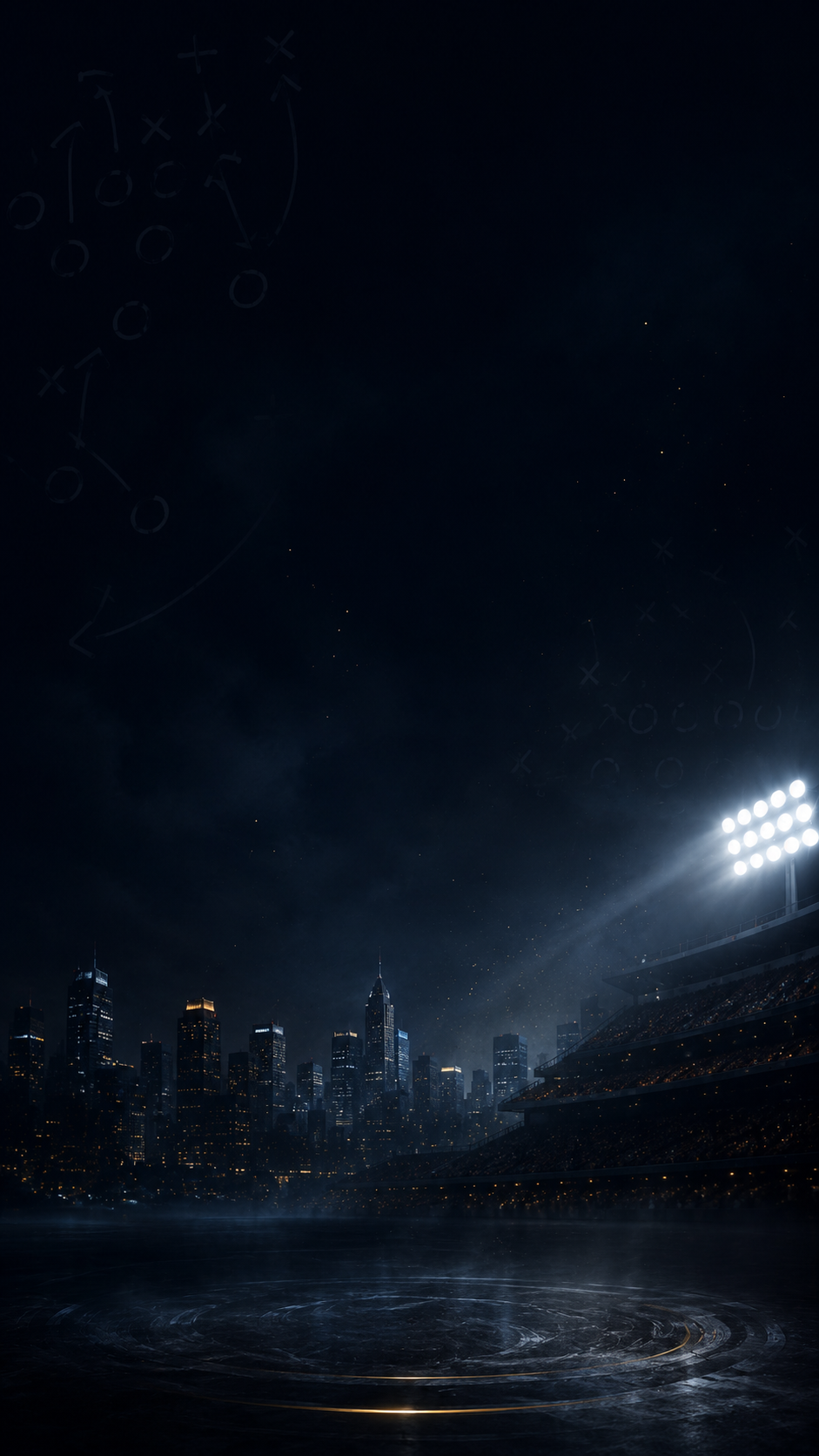 Sideline Savant campaign artwork of a stadium under lights beside a city skyline