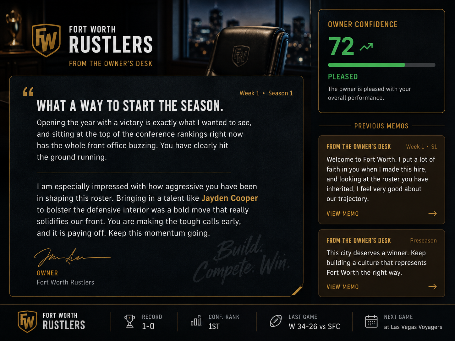 Sideline Savant owner note example