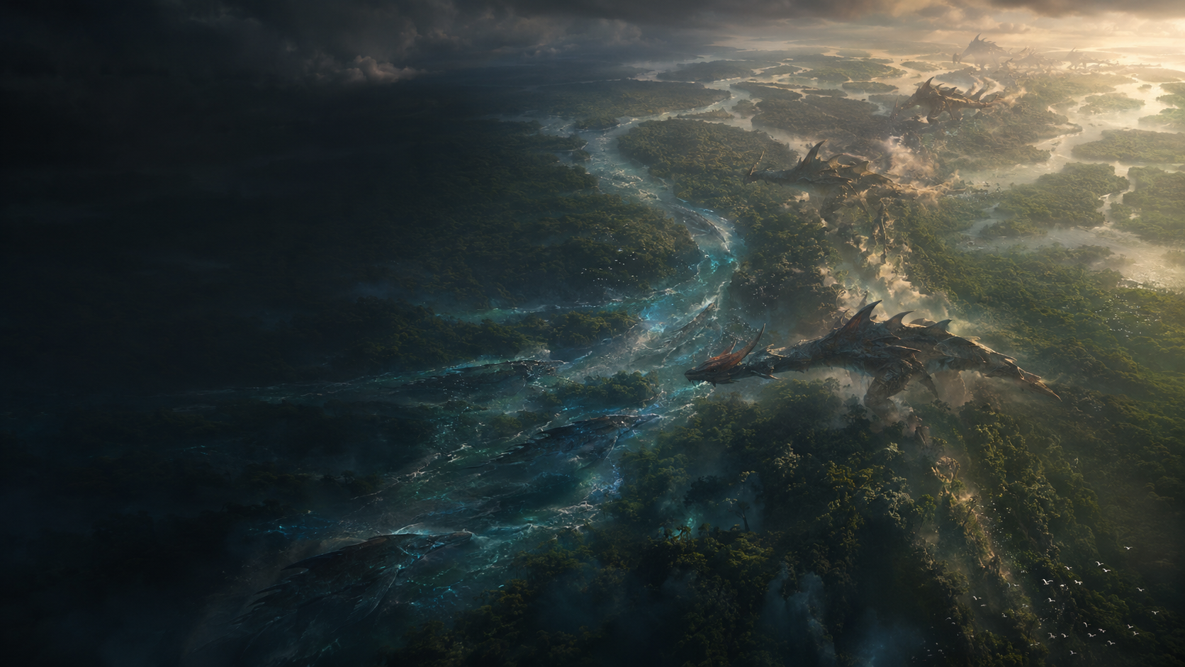 Aerial alien river valley with a flying creature over Azuriq at dawn