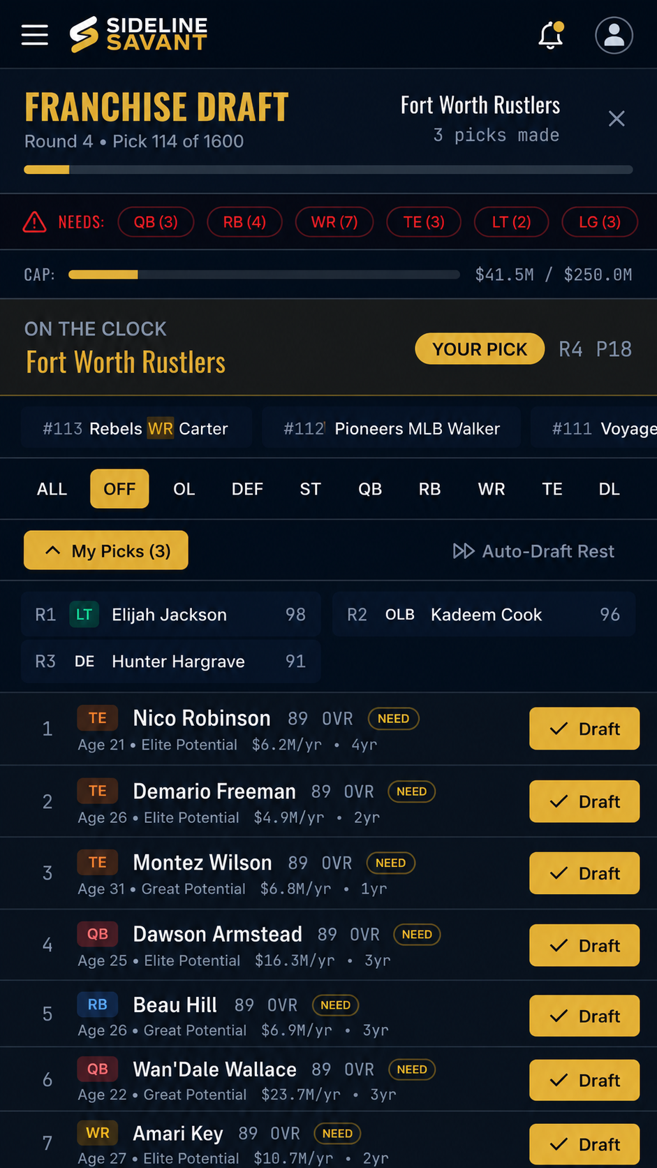 Sideline Savant draft screen